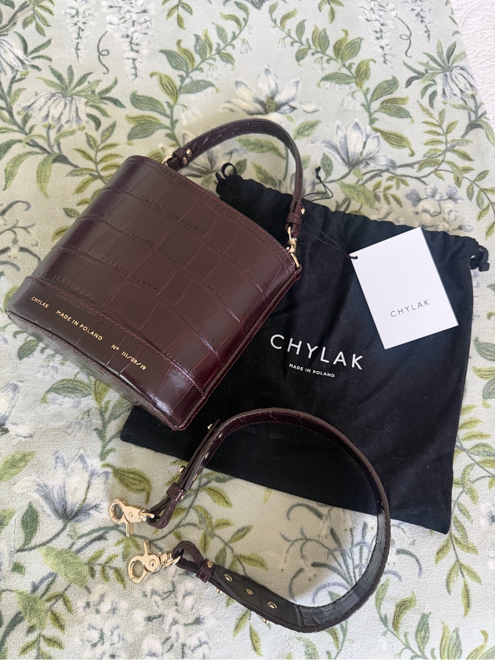 CHYLAK Poland Dark Burgundy Croc-Embossed Mini Bucket Bag with Top Handle